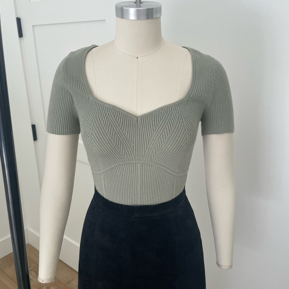 Cropped Knit Sweetheart Bodysuit in Sage Green